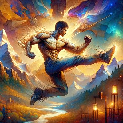 The primary subject of the image is a man in a blue shirt and jeans, performing a kick in the air. He is the main focus of the scene. The setting is a mountainous landscape, with a sky visible in the background. The visual style is a digital art, illustration, or painting, showcasing the man's athleticism and the dynamic nature of the scene. The colors are vibrant and bold, with a predominantly blue and orange color scheme, creating a sense of energy and action.